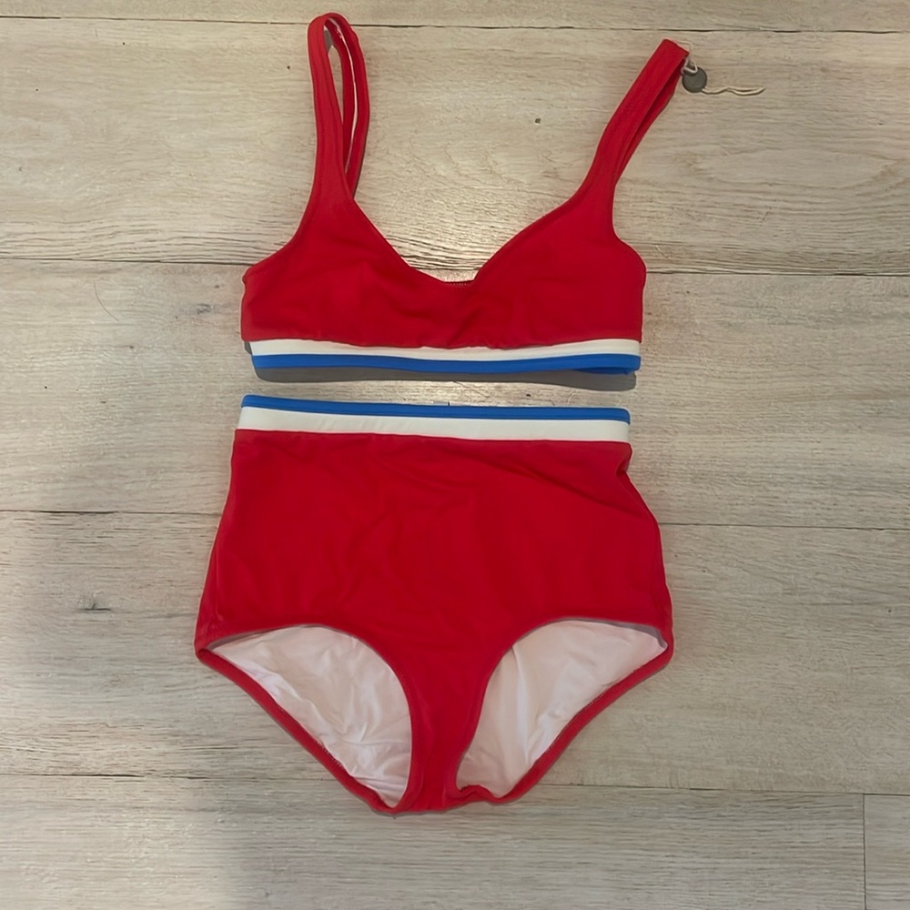 SOLID & STRIPED Red Bikini with Blue and White Accents
